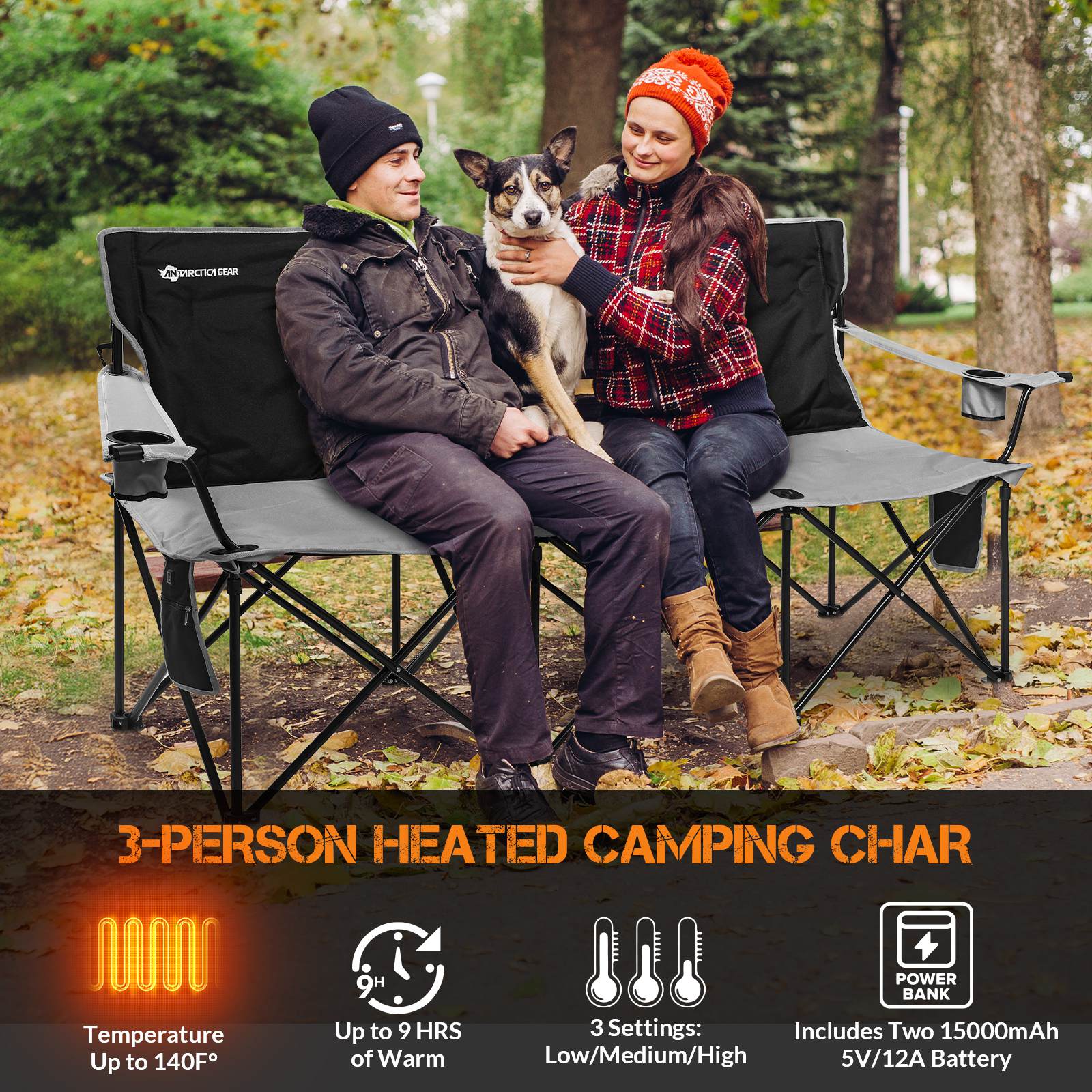 ANTARCTICA GEAR Heated 3-Person Camping Chair with 12V 15000mAh Battery Pack