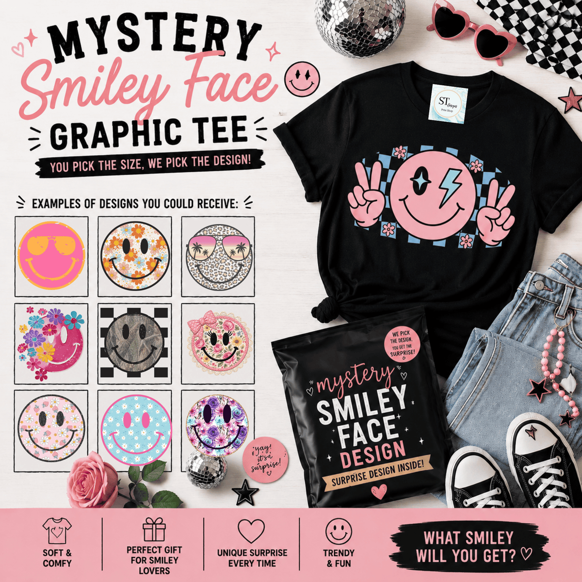 Mystery Retro Graphic Tee Smiley Y2K Face Surprise Shirt