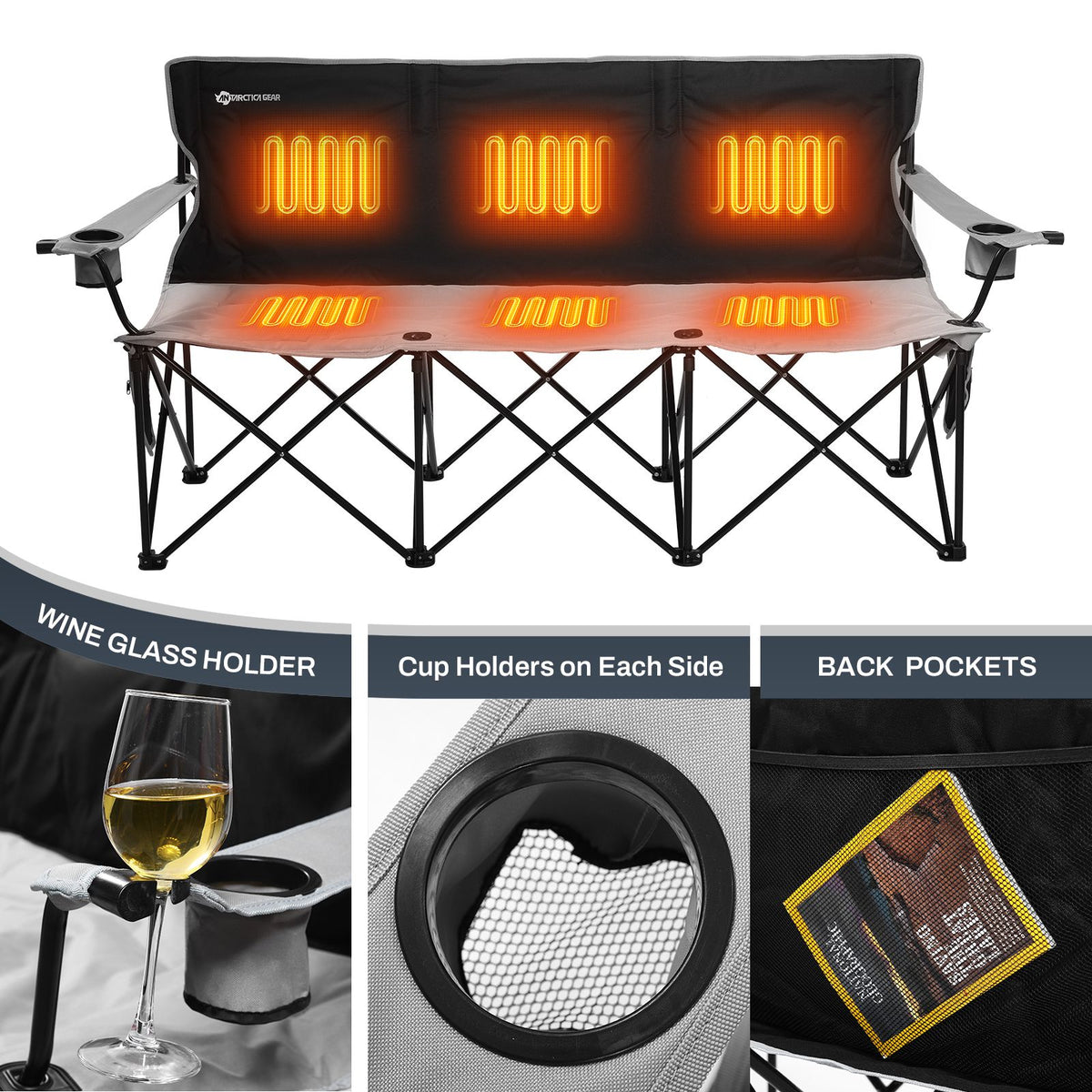 ANTARCTICA GEAR Heated 3-Person Camping Chair with 12V 15000mAh Battery Pack