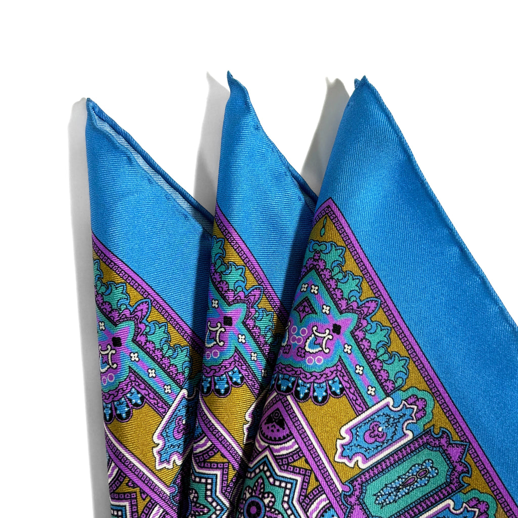 Light Blue & Gold Geometric Silk Pocket Square