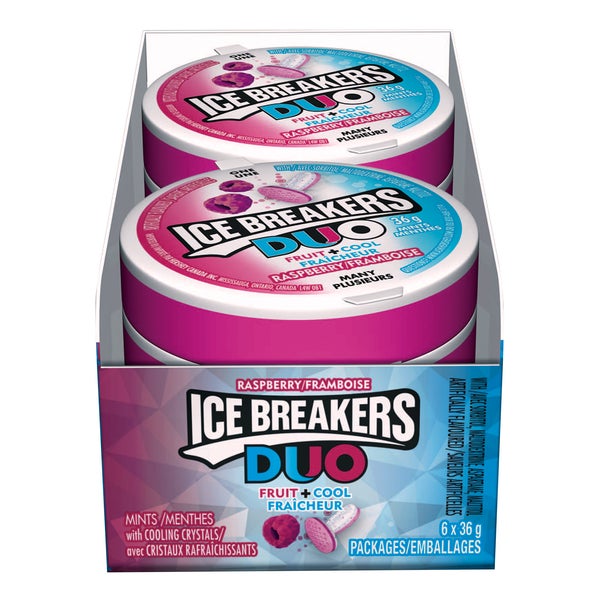 Duo Raspberry Mints - 4 Cases x 6 Packs x 36 g - Ice Breakers - Canadian Distribution - Ships Free Within Canada on Orders Above CAD $199