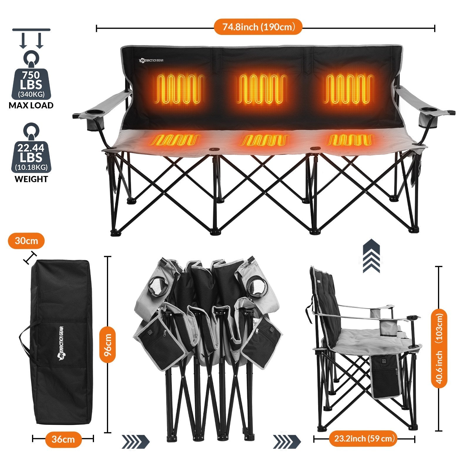 ANTARCTICA GEAR Heated 3-Person Camping Chair with 12V 15000mAh Battery Pack