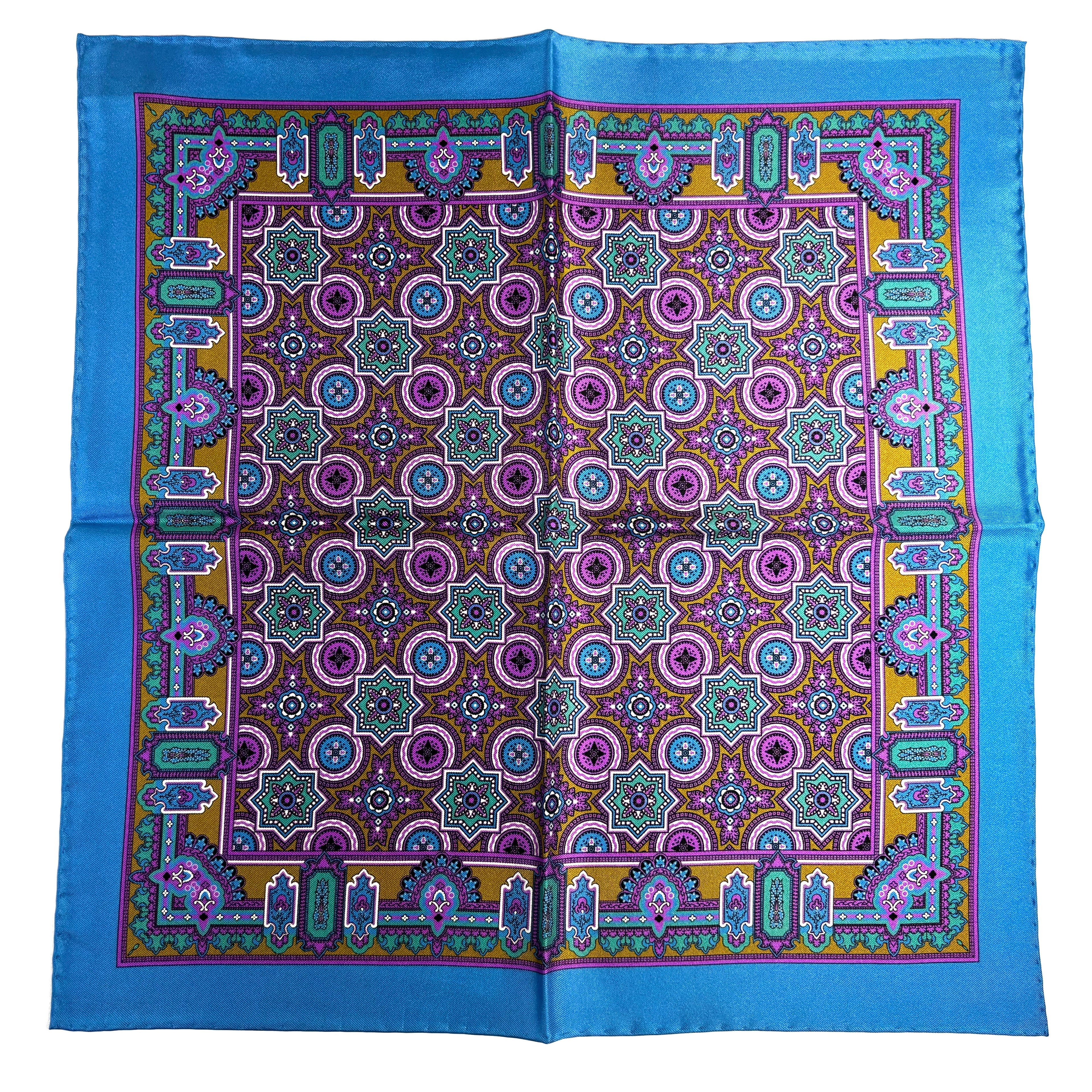 Light Blue & Gold Geometric Silk Pocket Square