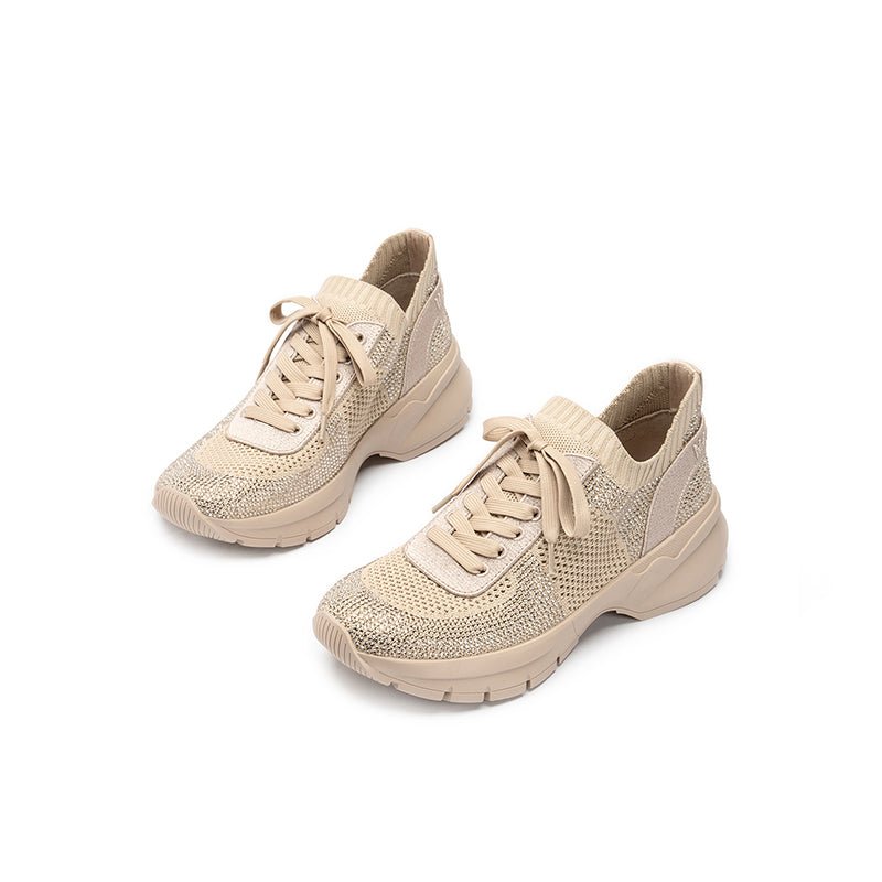 Rhinestone Mesh Knit Chunky Platform Sneakers – Breathable Athletic Work Shoes