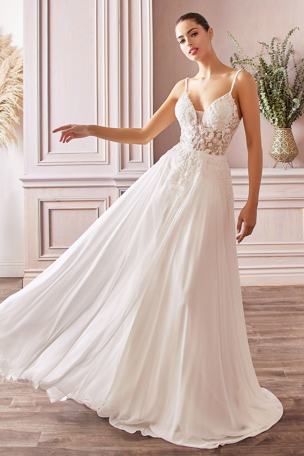 A-Line Chiffon Sheer Bodice Illusion V-Neck Long Wedding Dress CDTY11